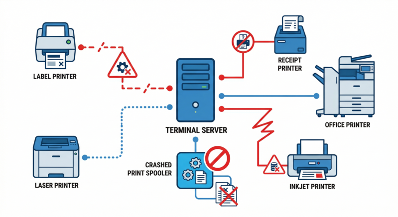 Infographic showing common remote desktop printing problems including driver conflicts between multiple printer types such as label printers receipt printers and office printers, print spooler crashes on the terminal server, and compatibility issues with Easy Print XPS rendering