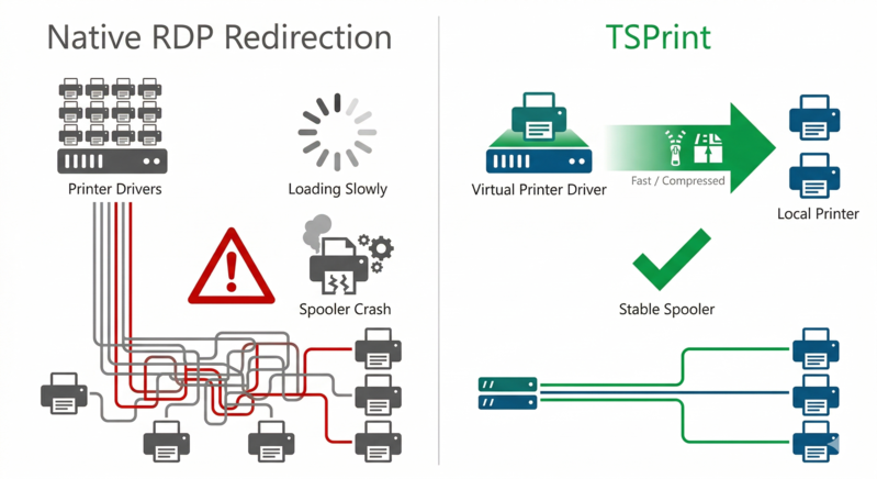 Side by side comparison of native RDP printer redirection versus TSPrint: native redirection requires multiple printer drivers on the server and causes spooler crashes and slow printing, while TSPrint uses a single virtual printer driver with compressed data transfer for stable driverless remote desktop printing